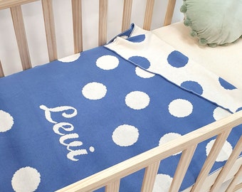 Personalised Polka Dot Blanket - 100% Cotton Knitted Name Blanket, 5 Sizes, Custom Toddler Gift, Toddler Gift, Baby Gift, Cot, Bassinet