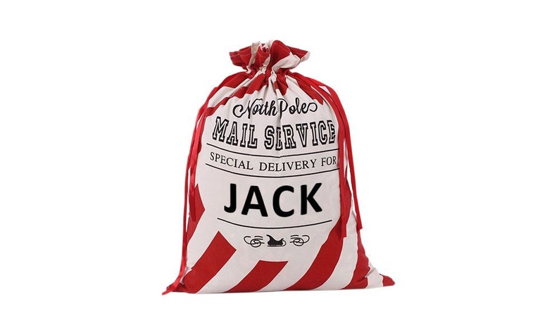 May include: Red and white striped Santa sack with the text "North Pole Mail Service Special Delivery For JACK" printed on the front.
