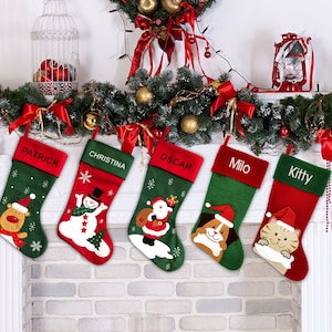 Personalised Christmas Stocking - Traditional Santa, Snowman and Reindeer Design - Embroidered Name