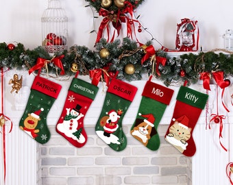 Personalised Christmas Stocking - Traditional Santa, Snowman and Reindeer Design - Embroidered Name