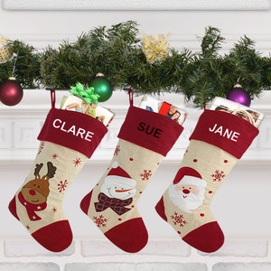 Personalised Christmas Stocking - Red Santa, Snowman and Reindeer Designs - Embroidered Name