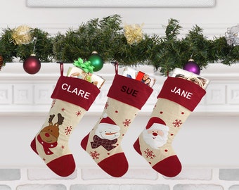 Personalised Christmas Stocking - Red Santa, Snowman and Reindeer Designs - Embroidered Name