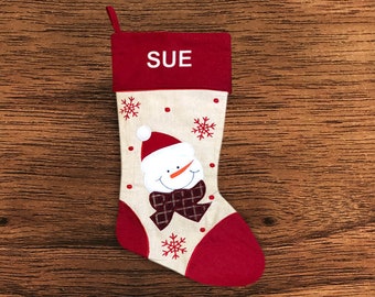 Personalised Christmas Stocking - Red Snowman - Embroidered Name