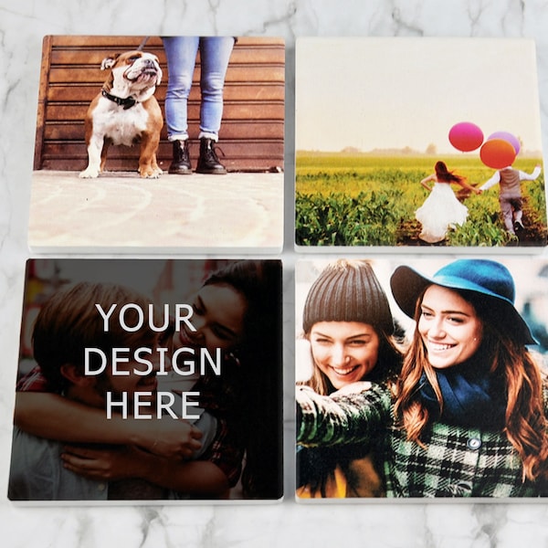 パーソナライズされた写真入りセラミックコースターセット 4 - ドリンクコースター、新築祝い、結婚式の記念品、洗礼式の記念品、席札、ボンボニエール