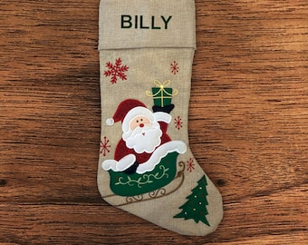 Personalised Christmas Stocking - Modern Santa Sleigh - Embroidered Name