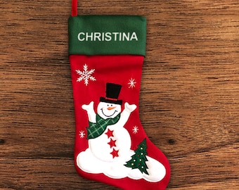 Personalised Christmas Stocking - Traditional Snowman - Embroidered Name