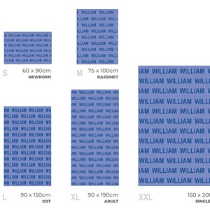 May include: A blue and white patterned fabric with the text "William" repeated in a grid pattern. The fabric is available in five sizes: S (60 x 90 inches), M (75 x 100 inches), L (90 x 150 inches), XL (90 x 190 inches), and XXL (150 x 200 inches).