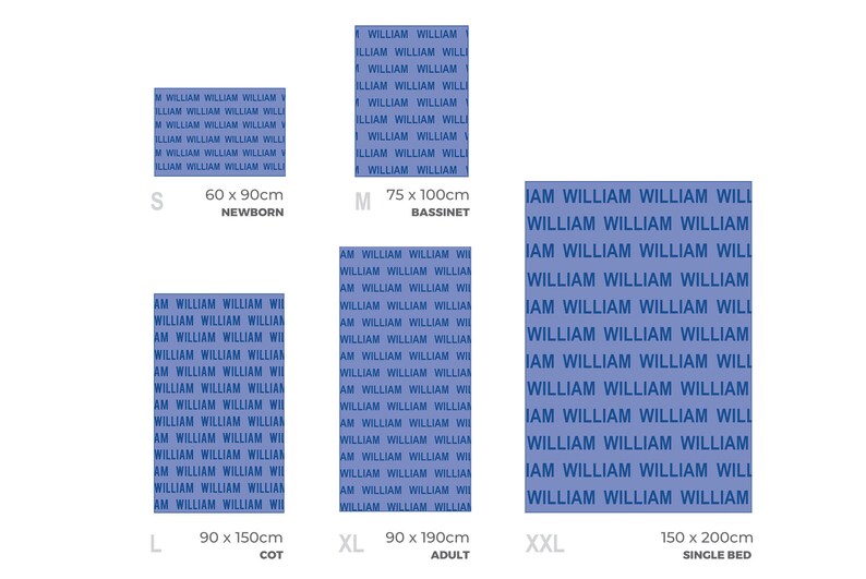 May include: A blue and white patterned fabric with the text "William" repeated in a grid pattern. The fabric is available in five sizes: S (60 x 90 inches), M (75 x 100 inches), L (90 x 150 inches), XL (90 x 190 inches), and XXL (150 x 200 inches).