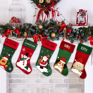 Personalised Christmas Stocking - Traditional Santa, Snowman and Reindeer Design - Embroidered Name