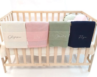 Personalised Knitted Name Blanket - Beige Sage Eggshell Pink Cot Embroidered Name Blanket