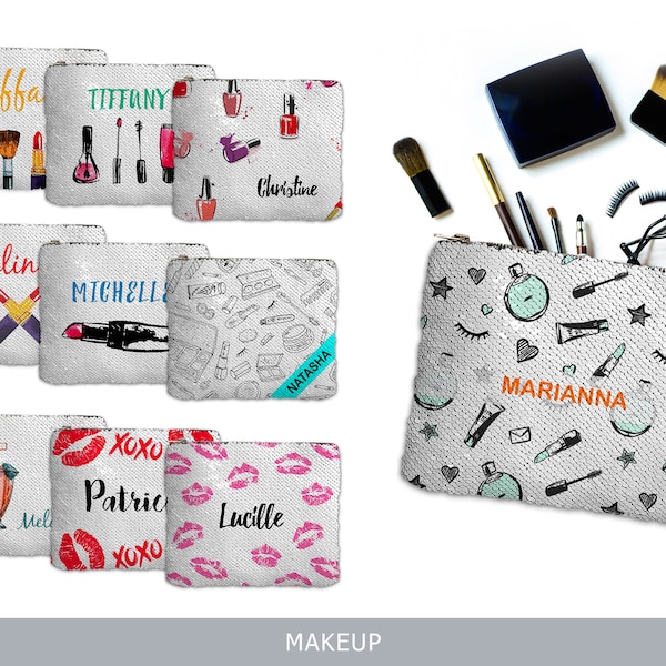 Trousse de maquillage à paillettes personnalisée, Trousse à fermeture éclair personnalisée, Trousse à crayons, Trousse à paillettes