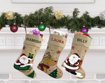 Personalised Christmas Stocking - Modern Santa, Santa Sled and Reindeer Designs - Embroidered Name