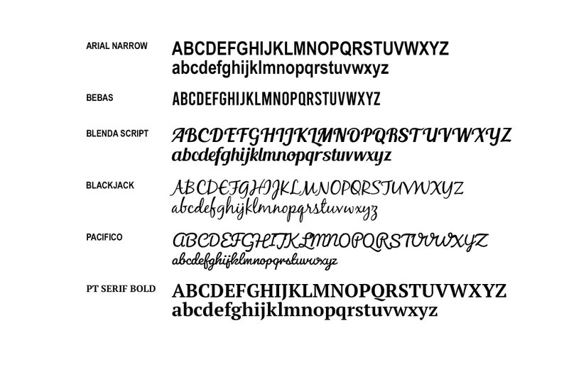 May include: A visual comparison of different font styles, including Arial Narrow, Bebas, Blenda Script, Blackjack, Pacifico, and PT Serif Bold. The fonts are displayed in uppercase and lowercase letters.