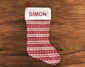 Personalised Christmas Stocking - Pattern Red - Embroidered Name