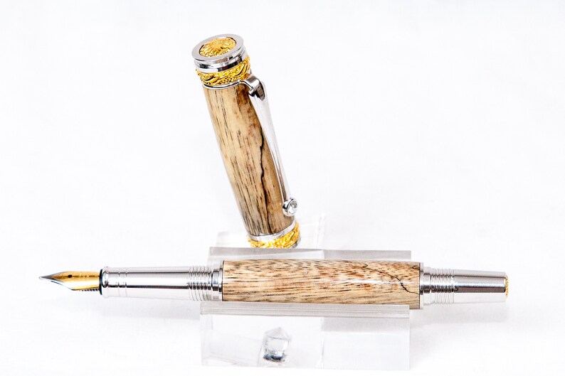 Spalted Tamarind Wood Fountain Pen w/ Gold and Rhodium Plating Writing image 9