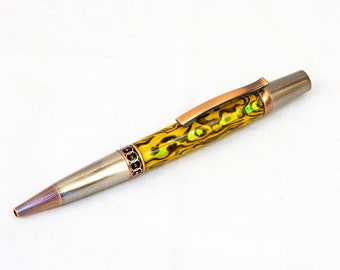 Yellow-Gold Paua Abalone Shell Pen with Satin Copper and Chrome Hardware - Writing