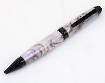 May include: A black and white marbled pen with a black clip and a black cap. The pen has a silver trim.