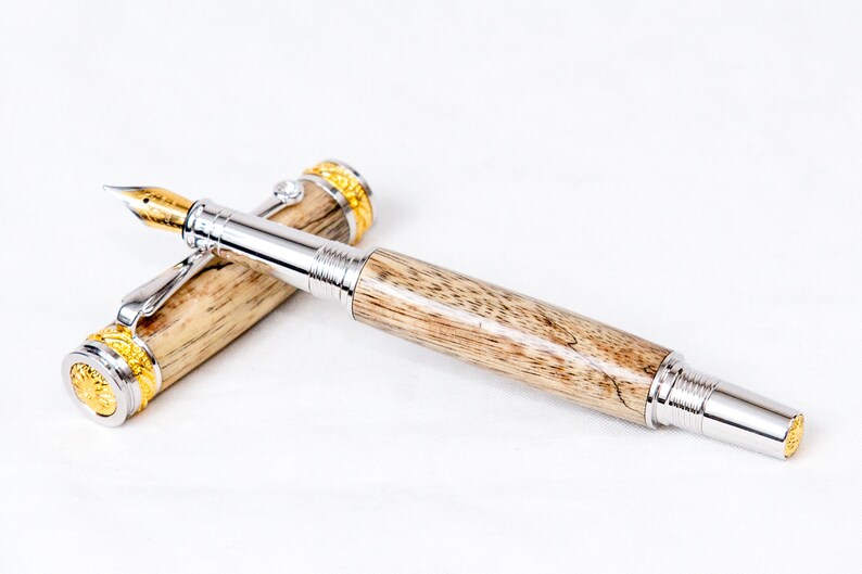 Spalted Tamarind Wood Fountain Pen w/ Gold and Rhodium Plating Writing image 8