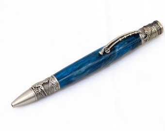 May include: A blue and silver pen with a fishing rod design. The pen has a silver clip and a silver tip. The pen is made of wood and metal.