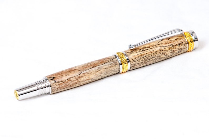 Spalted Tamarind Wood Fountain Pen w/ Gold and Rhodium Plating Writing image 6