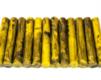 May include: A set of 12 yellow and black marbled acrylic pen blanks. The blanks are approximately 5 inches long and 1/2 inch in diameter.