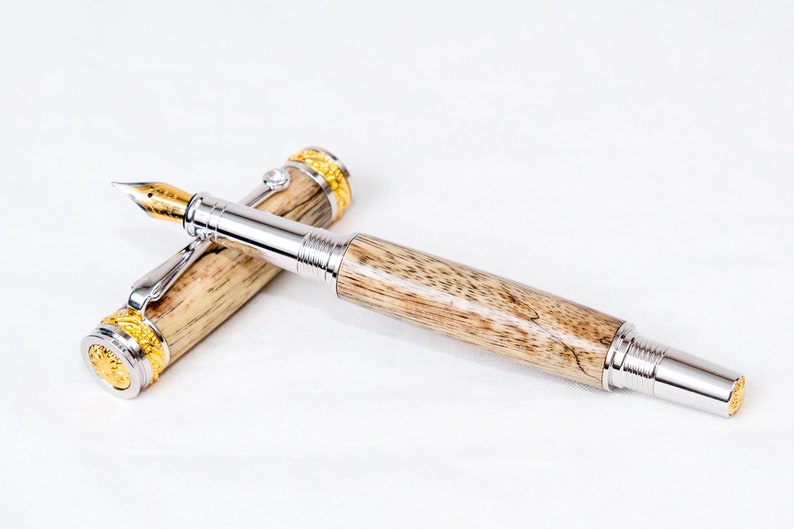 Spalted Tamarind Wood Fountain Pen w/ Gold and Rhodium Plating Writing image 2
