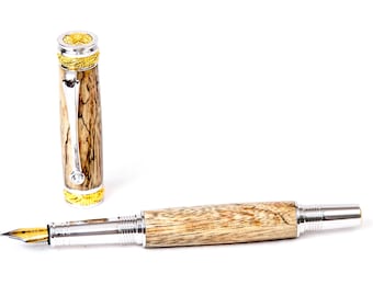 Spalted Tamarind Wood Fountain Pen w/ Gold and Rhodium Plating - Writing