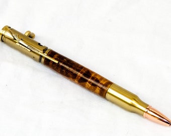 Bolt-Action Bullet Pen in Figured Hawaiian Koa Wood and Brass Hardware