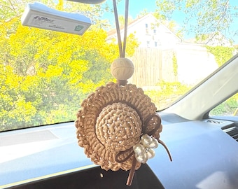 Crochet Mini Raffia Straw Hat Charm For Car Rearview Mirror, Raffia Summer Hat Bag Charm, Summer Accessory