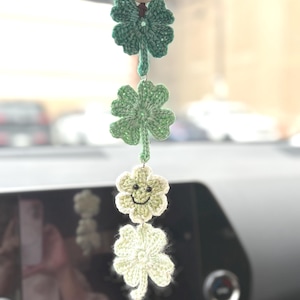 Crochet Four Leaf Clover Car Rearview Mirror Charm, Car Hanging Accessory