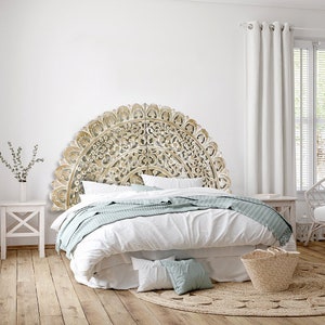 Hand Carved Queen Size Half-Moon Mandala Bed Headboard &#39;Semanggi&#39; in Antic Wash - 59&quot; Boho Bed Wall Decor