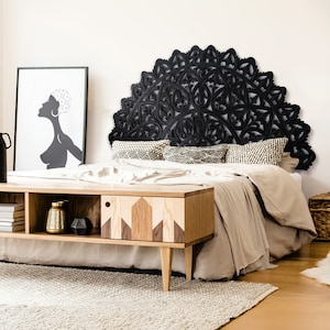 Hand-Carved Queen Bed Headboard 'Mahkota': Black Half-Moon Mandala, Boho Wood Wall Art 59"