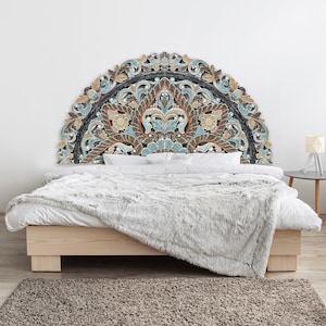 Hand carved queen size half-moon mandala bed headboard Ayunina in multicolour pastel distressed - 60 inches