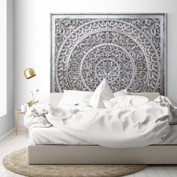 King Size Mandala Bed headboard Cenik | Tropical Home Decor | Hand Carved Decor | Balinese Decorative Wall Art | Carved Bed Headboard Active