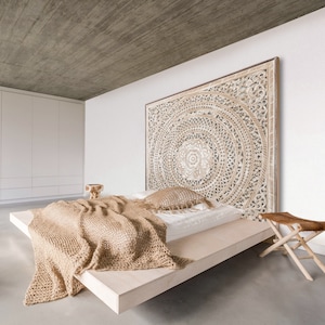 Balinese California King Size 72&quot; Hand Carved Mandala Bed Headboard &#39;Kusuma&#39; in Antique Wash – Handmade Wood Decor | Boho Decor Wall Art