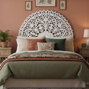 Hand Carved Queen Half-Moon Mandala Headboard | Serupa White Wash 59” Bed Wall Décor