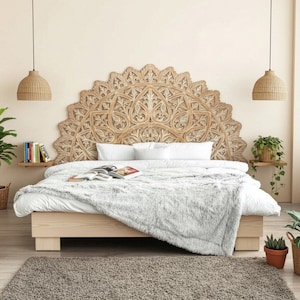 Hand Carved Mandala Queen Headboard 59” | “Mahkota” Half Moon | Antique Wash Wood Decor