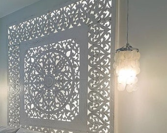 Balinese Queen Size 59&quot; Hand Carved Mandala Bed Headboard &#39;Putri Malu&#39; in White Wash – Handmade Wood Decor | Boho Wall Art