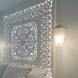 Balinese Queen Size 59&quot; Hand Carved Mandala Bed Headboard &#39;Putri Malu&#39; in White Wash – Handmade Wood Decor | Boho Wall Art