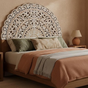 Hand Carved Half-Moon Mandala California King Headboard 72” | “Sri” Balinese Boho Wall Art | Antique Wash