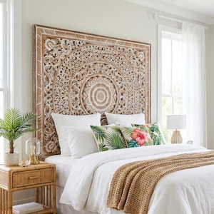 Hand Carved Balinese Indonesian Mandala Headboard 72” | “Berawa” California King | Balinese Wood Wall Art | Antique Wash