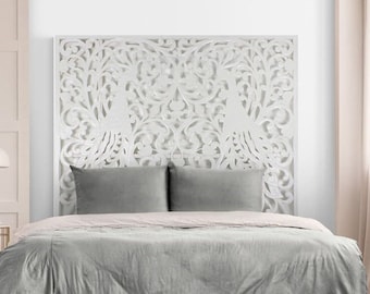 Queen Size Bed headboard Peacock White | Tropical Home Decor | Hand Carved Decor | Balinese Decorative Wall Art | Carved Bed Headboard
