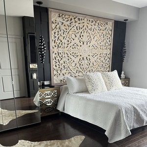 King Size Mandala Bed headboard Teratai | | Hand Carved Wall Decor | Balinese Wood Wall Art | Boho Bed Headboard | Tropical Home Decor