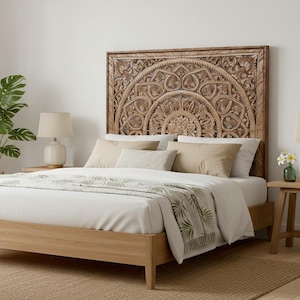 Hand Carved Bed Headboard "Sidemen" Queen Size - Natural Brown - 59"