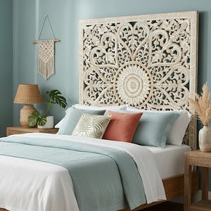 Hand Carved Balinese King Size Mandala Headboard: "Jantung" Balinese Tropical Decor - 72 inch in Antique Wash