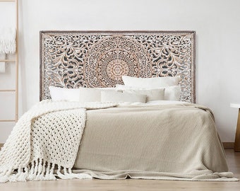 Half Queen Size 59&quot; Carved Mandala Bed Headboard &#39;Manusa&#39; in Antique Wash – Hand-Carved Wood Decor | Boho Decorative Wall Art