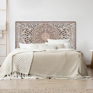 Half Queen Size Mandala Bed Head Manusa | Hand Carved Wall Decor | Balinese Wood Wall Art | Boho Bed Headboard | Tropical Home Decor