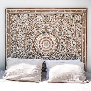 Queen Size Mandala Carved Bed Headboard Berawa | Hand Carved Wall Decor | Balinese Wood Wall Art | Boho Bed Headboard | Resort Home