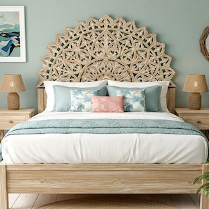Hand-Carved Mandala Bed Headboard – California King, Antique Wash Boho Wall Art 72 Inches