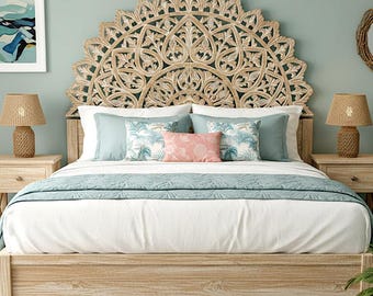 Hand-Carved Mandala Bed Headboard – California King, Antique Wash Boho Wall Art 72 Inches